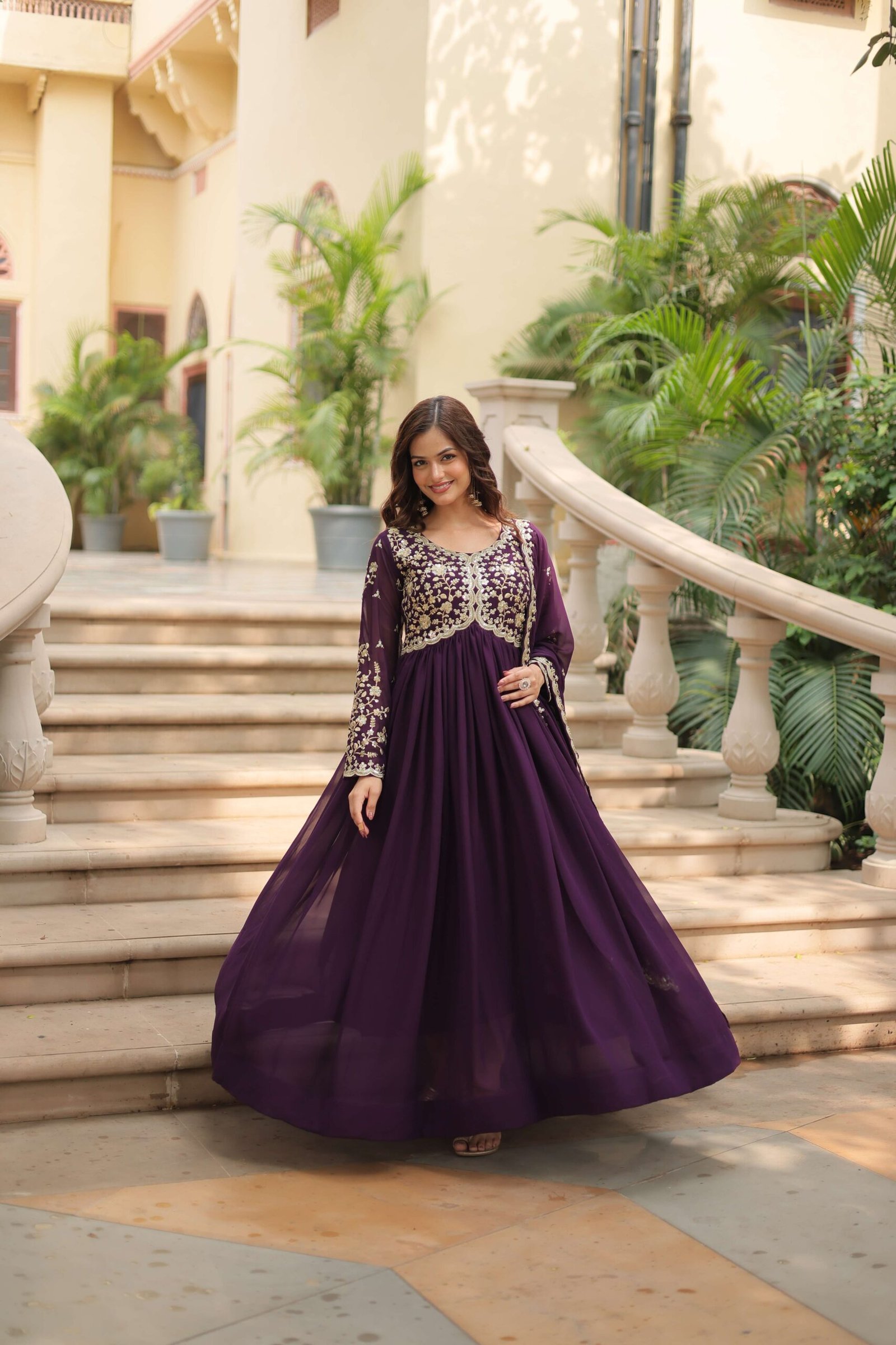 Wine Faux Blooming Sequins & Zari Embroidered Gown with Matching Dupatta - Image 4