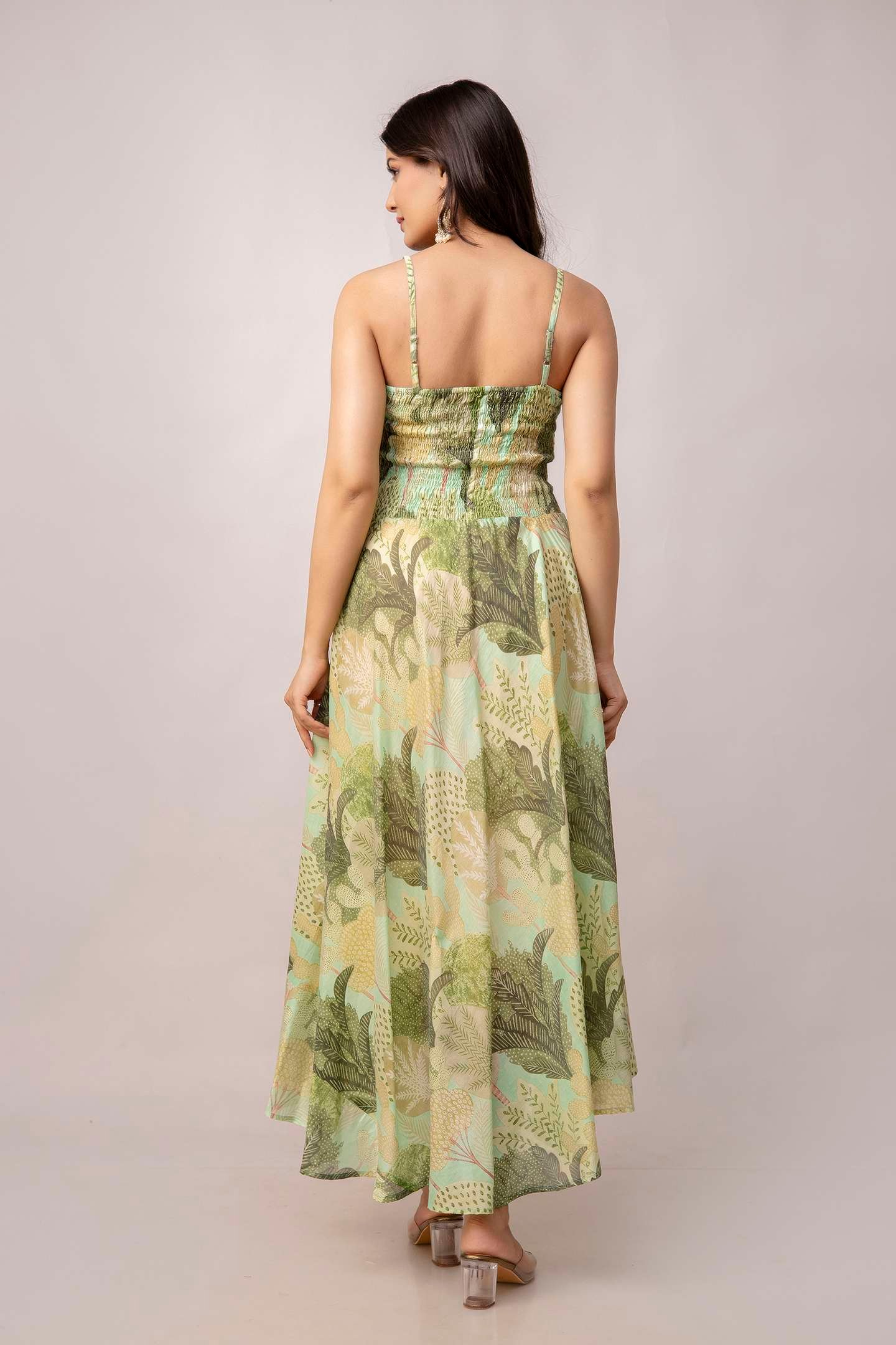 Women's Silk Printed Shoulder Straps Sleeveless Anarkali Gown Drees (Green) - Image 7