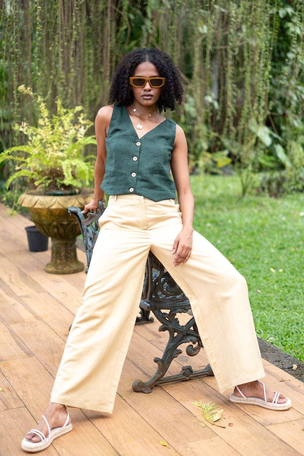 Women's Cotton Solid V Neck Sleeveless 2 Piece Outfit Loose Tank Top and Wide Leg Palazzo Pants Sets cord set ( Green ) - Image 5
