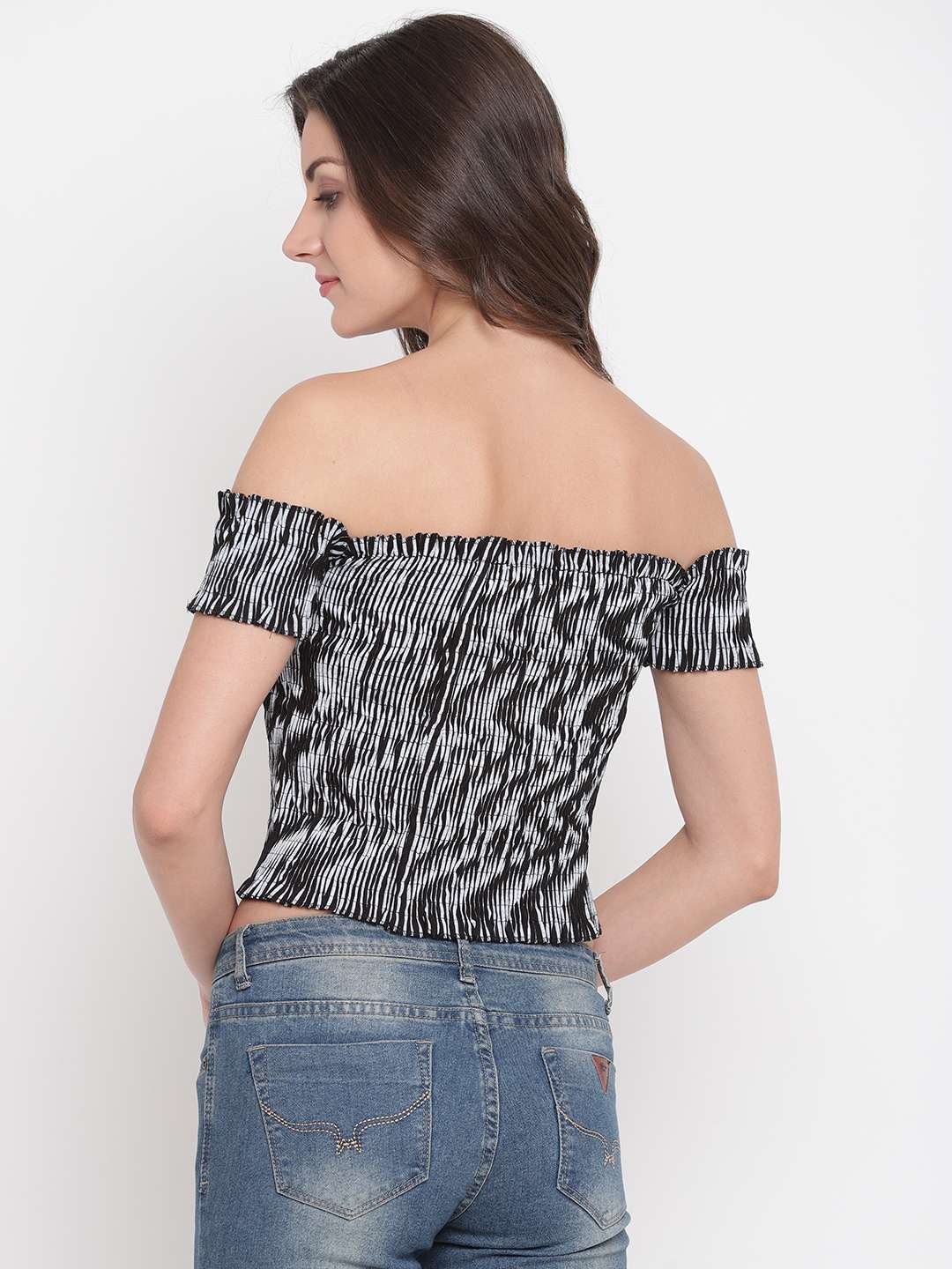 Women's Rayon Printed Off-Shoulder Smocked Crop Top Short Sleeve Casual Styles Tank Top (FREE SIZE) Multi34 - Image 4