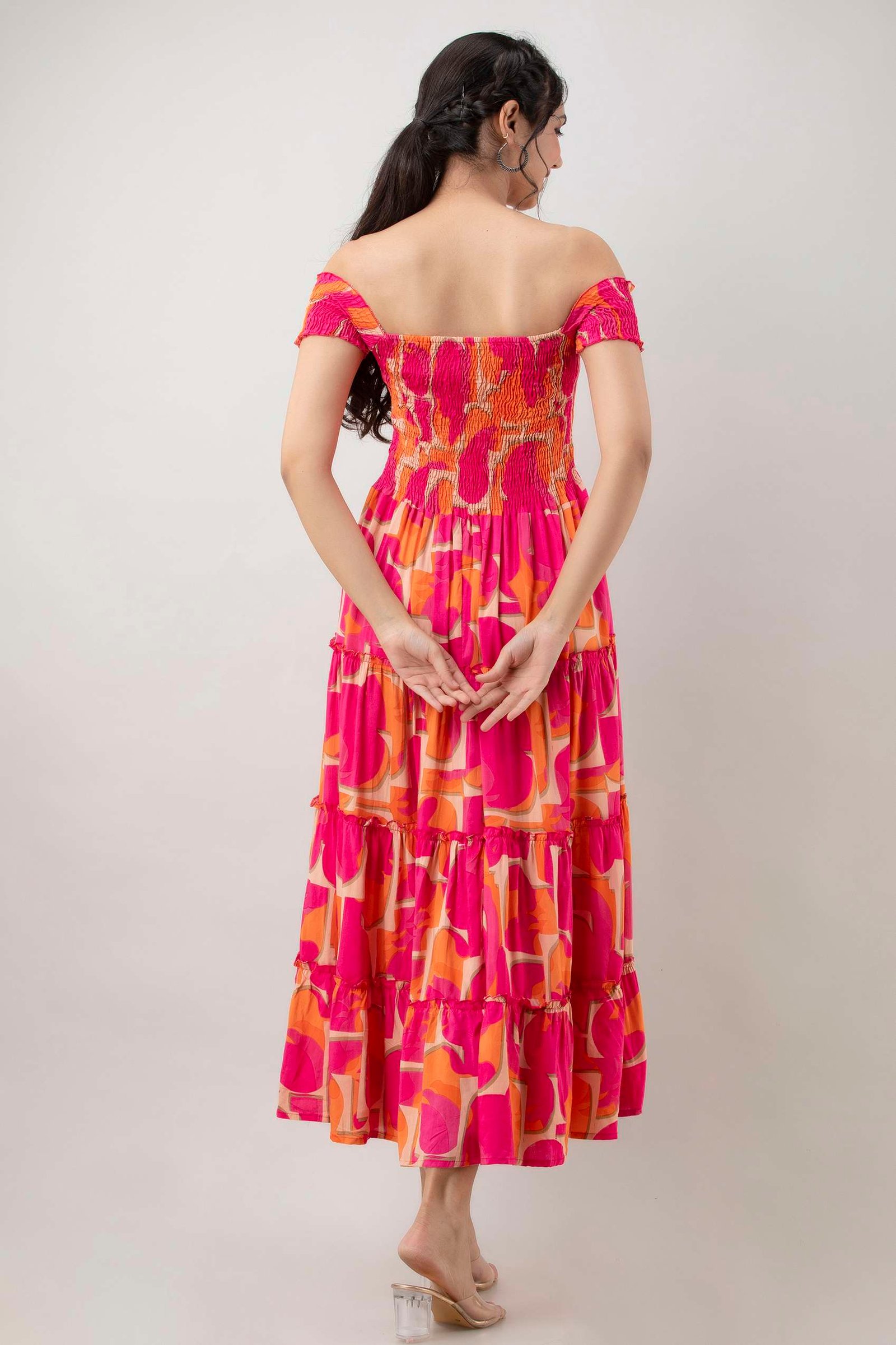 Women's Viscos Rayon Printed Off Shoulder Midi Dress For Summer And Casual Wear (Pink Strip) - Image 2