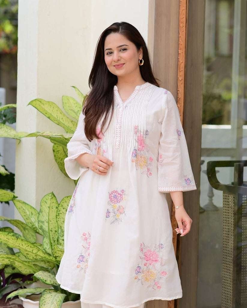 Women's Cotton Embroidery A-Line Kurti With Pant Set - Image 2